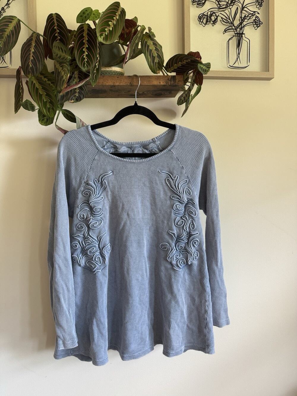 Boho Embroidered Waffle Knit Thermal Tunic Top Blue Long Sleeve Casual Size Med